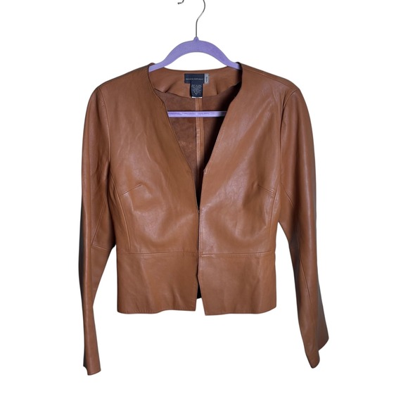 Banana Republic 6 Petite Brown Leather Collarless Blazer Jacket Womens - Picture 1 of 12